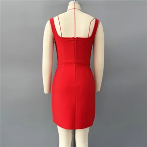 Detailed back view of a sexy red bodycon bandage mini dress with an invisible zipper