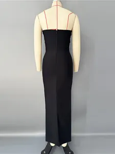 Elegant black strapless bandage bodycon maxi dress for parties, sleek rear view display.