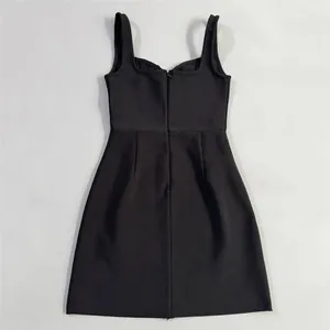 Detailed back view of a black bandage mini dress featuring a central zipper closure.