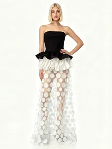 Elegant strapless bandage evening gown with ruffled waist and polka dot tulle skirt