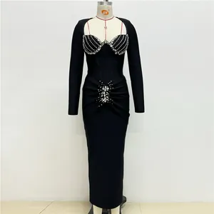 Elegant black long-sleeved bandage dress with intricate rhinestone embellishments.