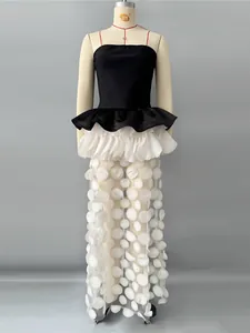 Elegant black tube top bandage evening dress with white ruffled peplum and sheer skirt