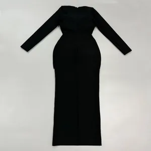 Back view of elegant black long sleeve maxi bandage dress with bodycon silhouette