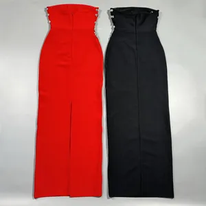 Elegant red and black bandage maxi dresses with side rhinestone details and back slits.