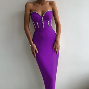 Elegant purple strapless bandage bodycon dress with sparkling rhinestone embellishments