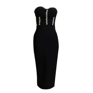 Elegant black strapless bandage midi dress featuring sparkling rhinestone embellishments.