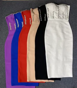 Elegant strapless bandage midi dresses in multiple colors with rhinestone detailing
