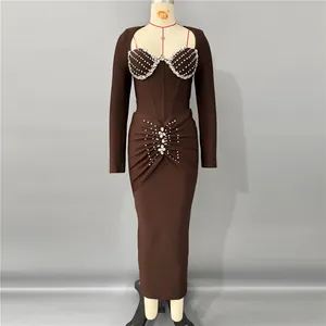 Elegant brown long sleeve bandage dress with heavy rhinestone bust and waist detail