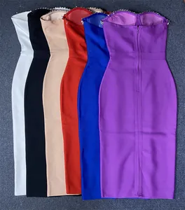 Collection of strapless bandage midi dresses with rhinestone trim in six elegant colors