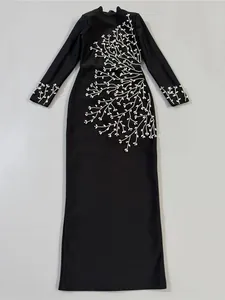 Elegant black long sleeve bandage maxi dress with silver rhinestone branch embroidery