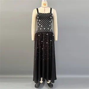 Elegant black evening gown with rhinestone bodice and pearl floral accents