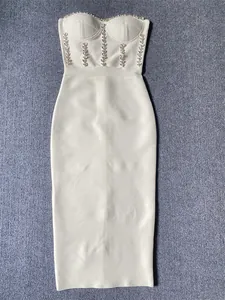 Elegant white strapless bandage midi dress with sparkling rhinestone crystal embellishments.