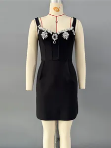 Sexy black bandage mini dress featuring sparkling rhinestone crystal v-neckline