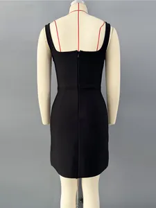 Back view of a sexy black bandage mini dress on a professional tailor mannequin.