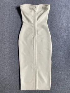 Elegant white strapless bandage midi dress with sparkling diamond embellishments on top