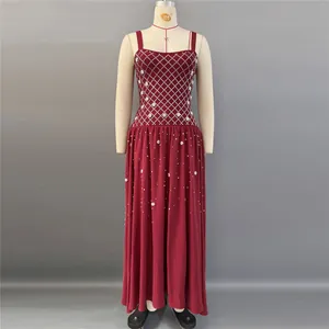 Detailed view of dark red evening dress with rhinestone lattice bodice