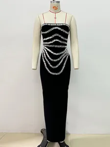 Elegant black bandage maxi dress with sparkling rhinestone wave patterns for parties