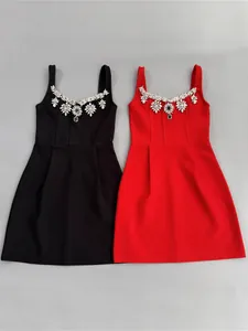 Sleeveless bandage mini dresses with luxurious rhinestone neckline in black and red colors.
