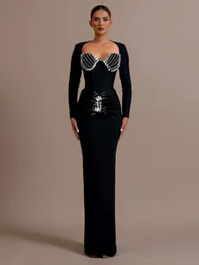 Women Elegant Square Neck Long Sleeve Bandage Dress Heavy Rhinestone Bodycon Maxi Evening Party Clubwear Gown