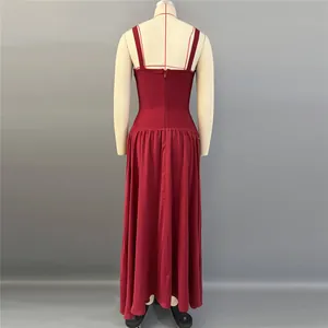 Detailed back view of an elegant burgundy bandage evening dress with long gathered skirt