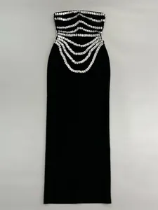 Elegant black strapless bandage maxi dress featuring intricate sparkling rhinestone draping
