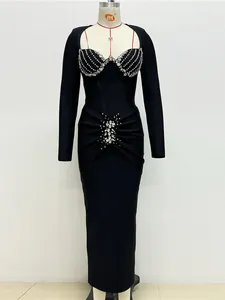 Elegant black long-sleeved bandage dress featuring heavy craftsmanship rhinestone details