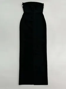 Elegant black strapless bandage maxi dress with sparkling rhinestone details for formal parties