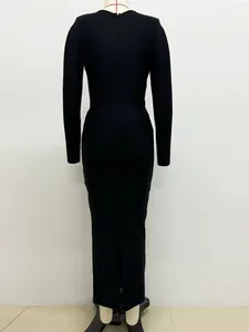 Elegant black long sleeve bandage maxi dress featuring a sleek back zipper design