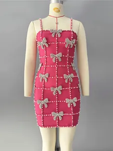 Elegant pink bandage dress with pearl grid and rhinestone bow appliques
