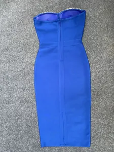 Detail of royal blue strapless bandage midi dress with rhinestone trim and back zipper