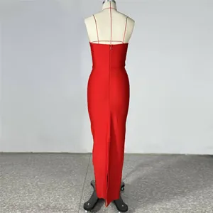 Red bandage maxi dress back view featuring spaghetti straps and slim fit silhouette