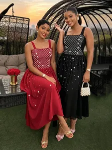 Women Elegant Rhinestone Beaded Spaghetti Strap Maxi Dress Formal Party Evening Gown Heavy Ball Gown Polyester Spandex Dress