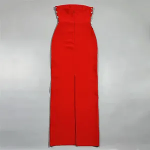 Elegant red tube top bandage maxi dress with beaded side accents and back slit detail