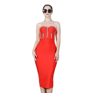 Red strapless bodycon bandage midi dress with sparkling rhinestone details for women