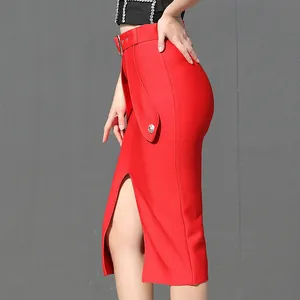 Elegant high waist red bandage midi skirt featuring side slit and stylish belt detail.