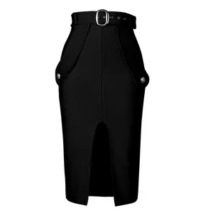 Elegant black high-waisted bandage midi skirt with front slit and metal buckle belt