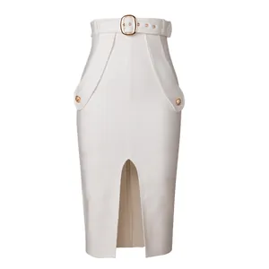 Elegant high waist white bandage pencil skirt featuring a decorative belt and central front slit