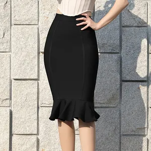 Elegant High Waist Mermaid Ruffle Hem Bandage Skirt For Women Slimming Tight Bodycon Midi Hip Wrap Skirt For Commuting Party