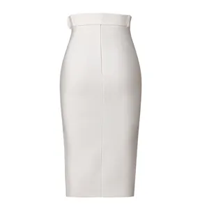 Detail view of an elegant white high-waist bandage skirt with back zipper and belt.