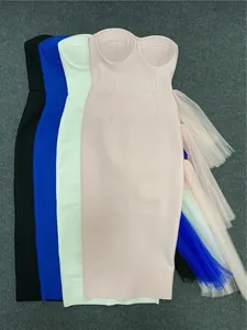 Elegant strapless bodycon bandage dress with layered mesh side detail in four colors