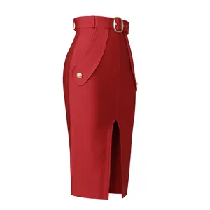 Detail of elegant red high waist bandage skirt with belt and front slit design