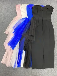 Elegant strapless bodycon bandage midi dress with layered tulle mesh design detail