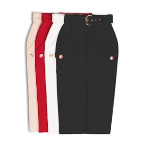 Front view of four elegant high-waisted bandage skirts in various colors with belts
