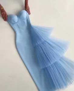 Elegant light blue strapless bandage evening dress with tiered tulle mesh design