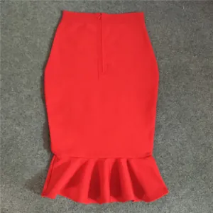 Detail of vibrant red fishtail skirt with ruffled hem and back zipper closure