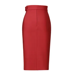 Elegant high-waisted red bandage pencil skirt with adjustable belt detail