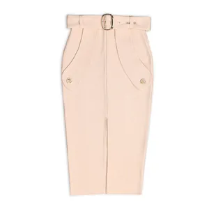 Elegant high-waisted bandage skirt in nude with a metal buckle belt and front slit.