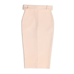 High-waisted apricot bandage midi skirt with decorative waist belt and front seam