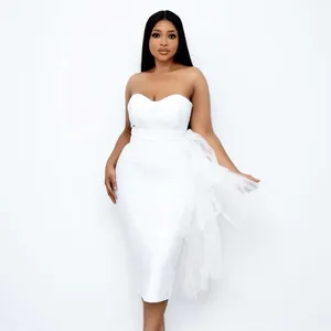 Elegant white strapless bandage midi dress with layered mesh side detail for women