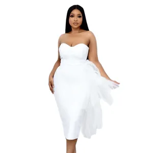 Elegant white strapless bodycon evening dress with layered tulle ruffle design for women